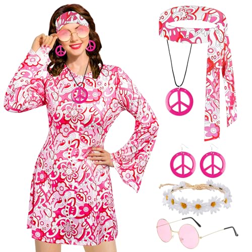Mprocen 70er Jahre Hippie Kleid Kostüm, Frauen Hippie Kostüm mit Blumen Stirnband Sonnenbrille Halskette, 60s 70s Disco Fancy Dress 70s Outfit für Disco Karneval Themen Party (XL) von Mprocen
