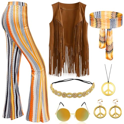 Mprocen Hippie Kostüm 70s Disco Hose Fransenweste, 60s 70s Karneval Kostüm Damen Boho Hippie Kostüm für Karneval Themen Party (XL) von Mprocen