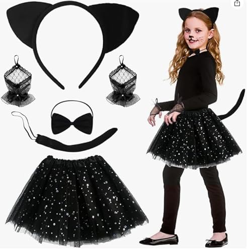 Mprocen Katzenkostüm für Mädchen, 6-teilig, entzückendes Kätzchen-Kostüm, Set mit Ohren, Schwanz und Handschuhen, süßes Kostüm für Halloween, Geburtstagsparty, Cosplay, Schulspiele von Mprocen