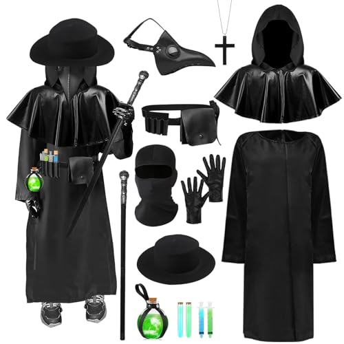 Mprocen Kinder Pestdoktor Kostüm Pest arzt Mit Maske Zubehör Mittelalter Kostüm Umhang Mit Hut Gürteltasche Lange Nase Vogelschnabel Glasflasche Handschuhe Für Halloween Karneval Cosplay Outfit von Mprocen