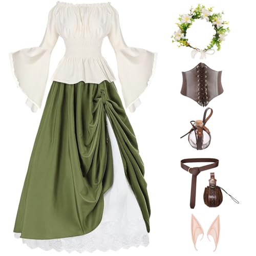 Mprocen Mittelalterliches Feenkostüm-Set für Damen, Renaissance-Kleider, Elfenmädchen, Cosplay, Ohren, Zubehör, Halloween, 7-teilig von Mprocen