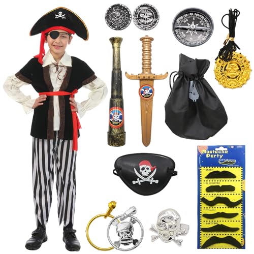 Mprocen Kinder Piratenkostüm,Karneval Piratenkostüm Piratenzubehör mit Fernglas Dolch Augenklappen Münztaschen Bärte Kompasse Piratenmünzen für Kinder Jungen 5-14(L) von Mprocen