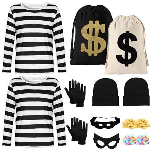 Mprocen Räuber Kostüm Set, Bankräuber Kostüm Damen Männer Mit T-Shirt Strickmütze Handschuhe Augenmaske Geldbeutel Edelstein Goldmünzen Dieb Verkleidung Für Halloween Karneval Cosplay Party von Mprocen