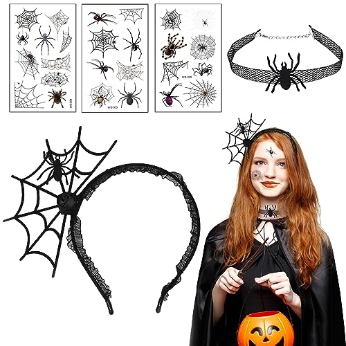 Mprocen Spinne Stirnband Halloween Spinnen Set Stirnband Choker Halskette Tattoo Aufkleber Halloween Karneval Cosplay Party Zubehör Verkleiden von Mprocen