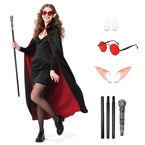 Mprocen Vampirumhang-Set, 140 cm, wendbar, rot und schwarz, Stehkragen, 7-teiliges Set mit Umhang für Erwachsene, Kostümzubehör mit Brille, einem Paar Ohren, einem Paar Zahnersatz und einem Zepter Mprocen Vampirumhang-Set, 140 cm, wendbar, rot und schwarz, Stehkragen, 7-teiliges Set mit Umhang für Erwachsene, Kostümzubehör mit Brille, einem Paar Ohren, einem Paar Zahnersatz und einem Zepter von Mprocen