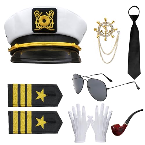 Mprocen Yachtkapitän Matrosenhut Kostüm Zubehör Verstellbare Kapitän Cap Gold Anker Brosche Schulter Pins Pfeife Requisite Krawatte Sonnenbrille Halloween Karneval Thema Cosplay Dress Up Party Kostüm von Mprocen