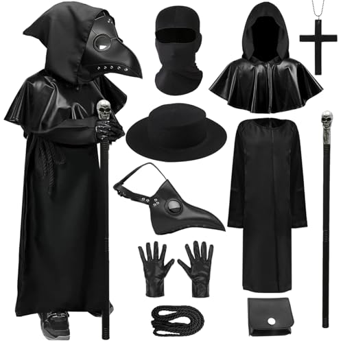Pest Arzt Kostüm Kinder Kostüm Zubehör Pest Arzt Maske Horror Halloween Karneval Cosplay Outfits Dress up Set Mit Robe Handschuhe, Vogelschnabel Maske Und Schwarzen Hut Für Mädchen Jungen von Mprocen