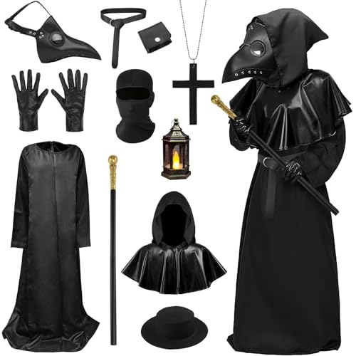 Pest Arzt Kostüm Set, Halloween Pest Arzt Maske Horror Outfits Dress up Set Mit Robe Handschuhe, Vogelschnabel Maske Arzt Costume Für Erwachsene Outfit Halloween Cosplay Party von Mprocen