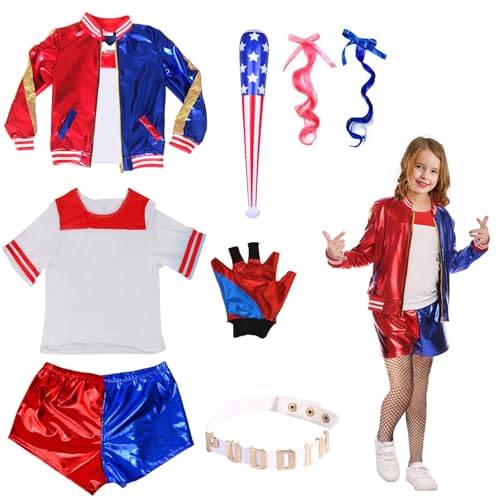 Quinn Cosplay Kostüme für Kinder Erwachsene, Mädchen Bösewicht Kostüm Kit enthalten Jacke, T-Shirt, Shorts und Handschuh Ballon Stick, Strümpfe, Kragen for Halloween Karneval Cosplay (Adult-XXL) von Mprocen
