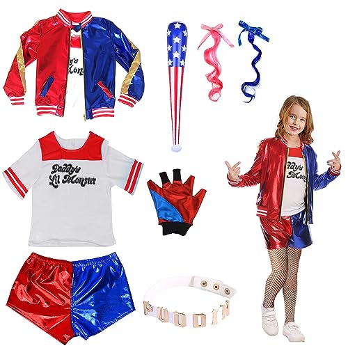 Quinn Cosplay Kostüme für Kinder Erwachsene, Mädchen Bösewicht Kostüm Kit enthalten Jacke, T-Shirt, Shorts und Handschuh Ballon Stick, Strümpfe, Kragen for Halloween Karneval Cosplay (150CM) von Mprocen