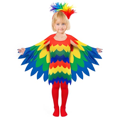 mädchen Hübsches papagei kostüme, Karneval Kinder Papagei verkleiden Cosplay Party Outfits 4PCS Set Kleid, Flügel Cape, Haarband, Strümpfe (7-8Y) von Mprocen