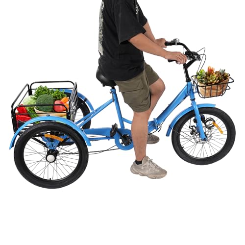 Mqwdxzfes 20 Zoll Faltbares Dreirad für Erwachsene, 7-Gang 3-Rad Fahrrad mit Vor- und Rückkorb, Schloss & Verstellbarer Sitz, Einkauffahrrad Seniorenfahrrad für Einkaufen, Freizeit, Sport (Blau) von Mqwdxzfes