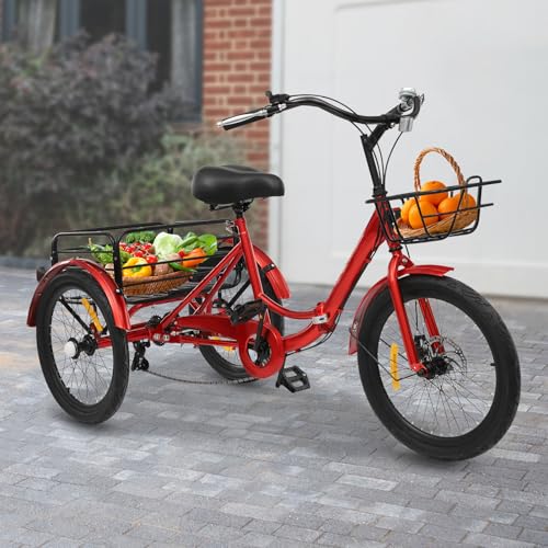 Mqwdxzfes 20 Zoll Faltbares Dreirad für Erwachsene, 7-Gang 3-Rad Fahrrad mit Vor- und Rückkorb, Schloss & Verstellbarer Sitz, Einkauffahrrad Seniorenfahrrad für Einkaufen, Freizeit, Sport (Rot) von Mqwdxzfes