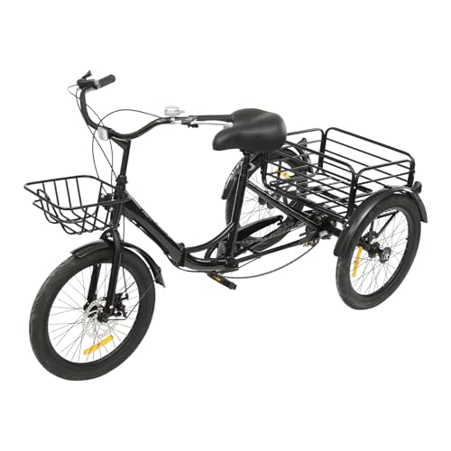 Mqwdxzfes 20 Zoll Faltbares Dreirad für Erwachsene, 7-Gang 3-Rad Fahrrad mit Vor- und Rückkorb, Schloss & Verstellbarer Sitz, Einkauffahrrad Seniorenfahrrad für Einkaufen, Freizeit, Sport (Schwarz) von Mqwdxzfes