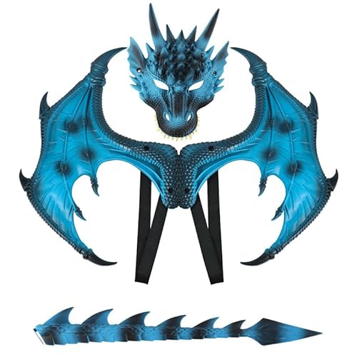 Mr.Fashion Ultraleichtes Cosplay Drachenkostüm Dreiteilige Halloween Kinder Party Dekoration Drachenmaske Cosplay Requisiten (Eisblau Dreiteiliges Set) von Mr.Fashion