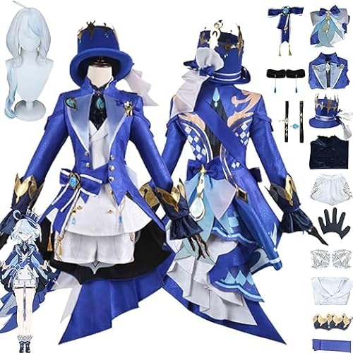 Genshin Impact Focalors Cosplay Kostüm Outfit Spielfiguren Layla Raiden Shogun Blaue Uniform Komplettset Halloween Party Dress Up Anzug Mit Hut Perücke von Mr.LQ