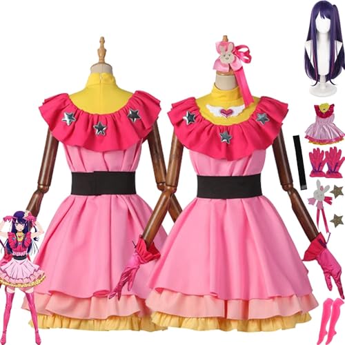 Mr.LQ Anime Oshi No Ko Hoshino Ai Cosplay Kostüm Outfit Rosa Kleider Uniform Perücke Kopfschmuck Komplettset Halloween Karneval Party Dress Up Anzug von Mr.LQ