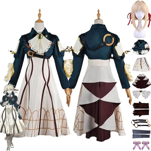 Mr.LQ Anime Violet Evergarden Cosplay Kostüm Outfit Hochwertige Prinzessin Dienstmädchen Kleid Uniform Komplettset Halloween Party Karneval Dress Up Anzug Mit Perücke von Mr.LQ