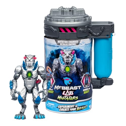 MrBeast Lab Mutators; Mutiere das ultimative Biest. Experimentiere und erschaffe die Metallic Panther-Actionfigur von MrBeast. 3 zum Sammeln, Iconic Panther, Stealth Panther, Metallic Panther von MRBEAST LAB