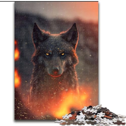 1000-teiliges Puzzle Schwarzer Wolf im Feuer, Puzzle aus Holz, interaktives Familienspiel, Denksportgeschenk, Lernspielzeug, 1000 Stück(50x75cm) von MrChunlong
