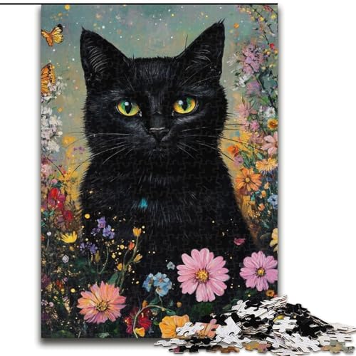 1000-teiliges Puzzle für Erwachsene, Geschenke, Blumen und Schwarze Katze, Lernspielzeug, Familienspiele, einzigartige Geburtstags- und Geschenkideen (Größe 50x75cm) von MrChunlong