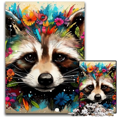 1000-teiliges Puzzle für Erwachsene, Waschbär mit Blumen, Holzpuzzle, schwieriges Denkspiel für Jugendliche, 50x75cm/19,68x29,52 Zoll 1000-teiliges Puzzle für Erwachsene, Waschbär mit Blumen, Holzpuzzle, schwieriges Denkspiel für Jugendliche, 50x75cm/19,68x29,52 Zoll von MrChunlong
