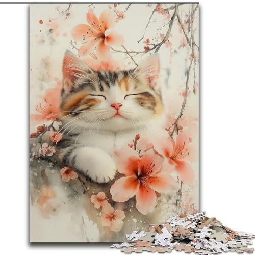 1000-teiliges Puzzle für Erwachsene und Jugendliche, Aquarellkatze und Kirschblüten, Familienaktivität, einzigartige Heimdekoration und Geschenke für Kinder ab 14 Jahren (Größe 26x38cm) von MrChunlong