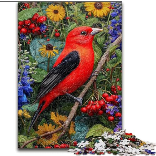 1000-teiliges Puzzle für Erwachsene und Jugendliche, roter Vogel und Blumen, Lernspiele, Heimdekoration, geeignet für die Schreibtischdekoration (Größe 26x38cm) von MrChunlong