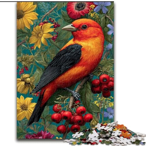1000-teiliges Puzzle für Erwachsene und Jugendliche, roter Vogel und Blumen, für Kinder ab 14 Jahren, Heimdekoration als Geschenk für die ganze Familie und Freunde (Größe 26x38cm) von MrChunlong