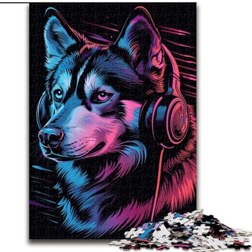 Puzzle 1000 Teile, Siberian Husky mit Kopfhörern, Puzzle aus Holz, anspruchsvolles Denkspiel für Teenager, unterhaltsames interaktives Spiel für die ganze Familie, 1000 Teile(50x75cm) von MrChunlong