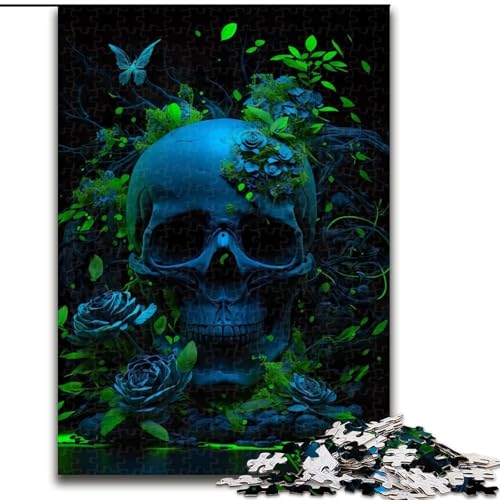 Puzzle 1000 Teile für Erwachsene, Blauer Totenkopf, grüne Blumen, Puzzle aus Pappe, Geschenk für Männer und Frauen, Alltag und besondere Anlässe, 1000 Teile(26x38cm) von MrChunlong