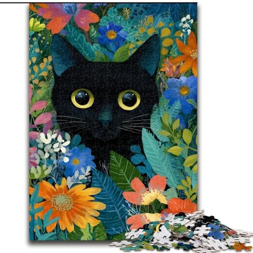 Puzzle 1000 Teile für Erwachsene, Blumenmuster, Schwarze Katze, Lernspielzeug für Erwachsene, ganze Familie ab 14 Jahren (Größe 26x38cm) von MrChunlong