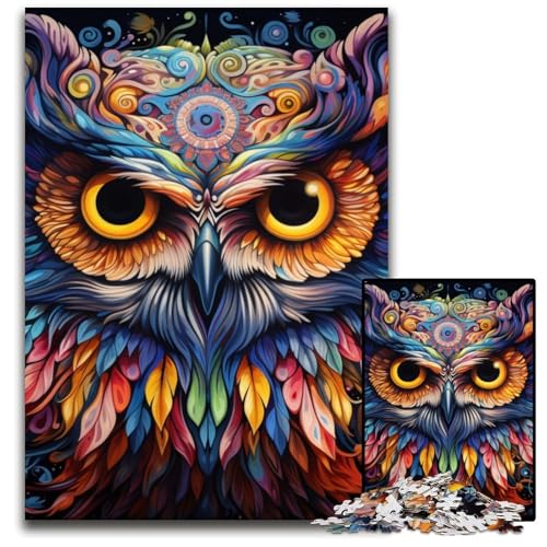 Puzzle 1000 Teile für Erwachsene, Bunte Kunst-Eule, Holzpuzzle, ideales DIY-Dekor und Denksport-Geschenk, 50x75cm/19,68x29,52 Zoll von MrChunlong
