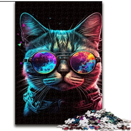 Puzzle 1000 Teile für Erwachsene, Farbige Brille Katze aus Holz, Kinder ab 14 Jahren, 50x75cm, Denkspiel für Teenager von MrChunlong