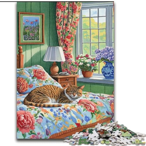 Puzzle 1000 Teile für Erwachsene, Geschenk Katze auf dem Bett, für Erwachsene ab 14 Jahren, Lernspiel, Herausforderung, Spielzeug, Geschenk zum Geburtstag (Größe 50x75cm) von MrChunlong