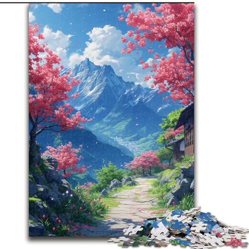 Puzzle 1000 Teile für Erwachsene, Kirschblüten und Berge, aus Holz, Kinder ab 14 Jahren, 50x75cm, Denkspiel für Teenager von MrChunlong