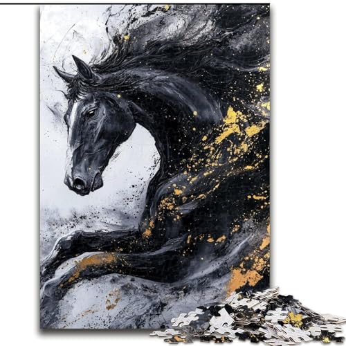 Puzzle 1000 Teile für Erwachsene, Schwarzes Goldenes Pferd, Lernspielzeug für Erwachsene, ganze Familie ab 14 Jahren (Größe 26x38cm) von MrChunlong