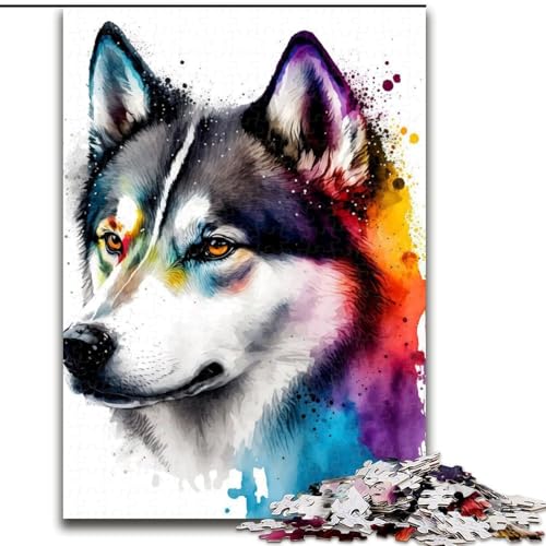 Puzzle 1000 Teile für Erwachsene, Siberian Husky, Aquarell, aus Holz, Kinder ab 14 Jahren, 50x75cm, Denkspiel für Teenager von MrChunlong