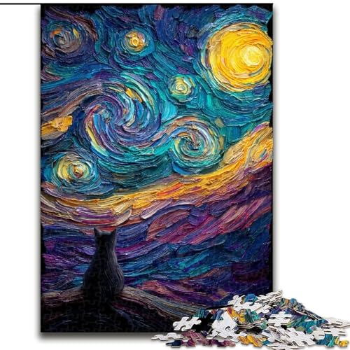 Puzzle 1000 Teile für Erwachsene Katze unter dem Sternenhimmel, Lernspiele, Heimdekoration ganze Familie (Größe 50x75cm) von MrChunlong