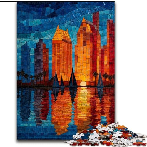Puzzle 1000 Teile für Teenager, Geschenke, Buntglasstadt, Dekomprimierendes intellektuelles Lernspielzeug, Geburtstagsgeschenk, Geschenke, Wandkunst (Größe 26x38cm) von MrChunlong