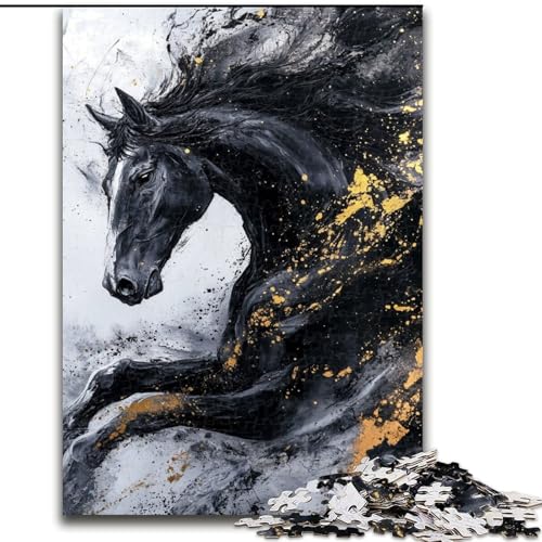 Puzzle 1000 Teile für Teenager, Geschenke, schwarzes goldenes Pferd, entspannendes intellektuelles Lernspielzeug, Geburtstagsgeschenk, Geschenke, Wandkunst (Größe 50x75cm) von MrChunlong