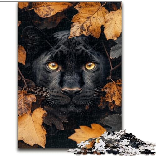 Puzzle 1000 Teile für Teenager, Geschenke Schwarzer Panther in gefallenen Blättern, entspannendes intellektuelles Lernspielzeug, Geburtstagsgeschenk, Geschenke, Wandkunst (Größe 50x75cm) von MrChunlong