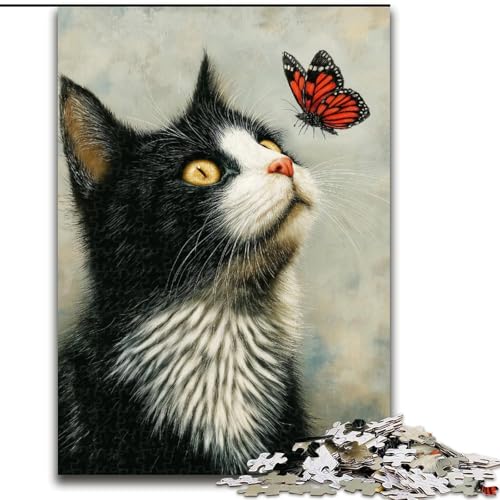 Puzzle 1000 Teile für Teenager, Katze und Schmetterling, Dekomprimierendes intellektuelles Lernspielzeug, Geburtstagsgeschenk, Geschenke, Wandkunst (Größe 50x75cm) von MrChunlong