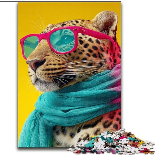 Puzzle 1000 Teile für Teenager, Leopard mit Schal, Dekomprimierendes intellektuelles Lernspielzeug, Geburtstagsgeschenk, Geschenke, Wandkunst (Größe 26x38cm) von MrChunlong