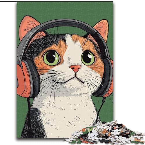 Puzzle für Erwachsene, 1000 Teile, Katze mit Kopfhörern, Familienunterhaltungsspielzeug, ganze Familie, ab 14 Jahren (Größe 26x38cm) von MrChunlong