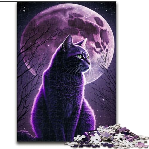 Puzzle für Erwachsene, 1000 Teile, Lila Katze und Mond, Puzzle aus Pappe, Geburtstage, Weihnachten, Halloween, Thanksgiving, Ostern, 1000 Teile(26x38cm) von MrChunlong