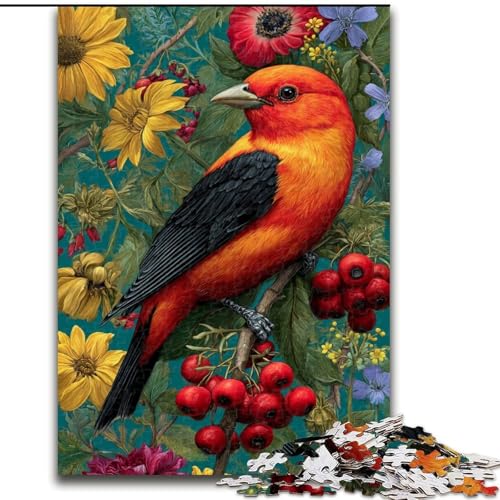 Puzzle für Erwachsene, 1000 Teile, roter Vogel und Blumen, Familienspiel zum Stressabbau, schwierige Herausforderung, stärkt die Liebe zwischen Paaren (Größe 50x75cm) von MrChunlong