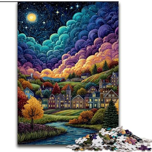 Puzzle für Erwachsene, 1000-teiliges Puzzle Dorf unter dem Nachthimmel, Lernspielzeug, einzigartige Geburtstags- und Geschenkideen für Kinder ab 14 Jahren (Größe 26x38cm) von MrChunlong