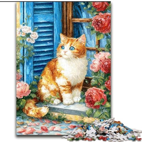 Puzzle für Erwachsene und Jugendliche, Puzzle Katze vor Blumenladen, Spielzeug, Lernspiele, stressabbauende Wanddekoration (Größe 26x38cm) von MrChunlong