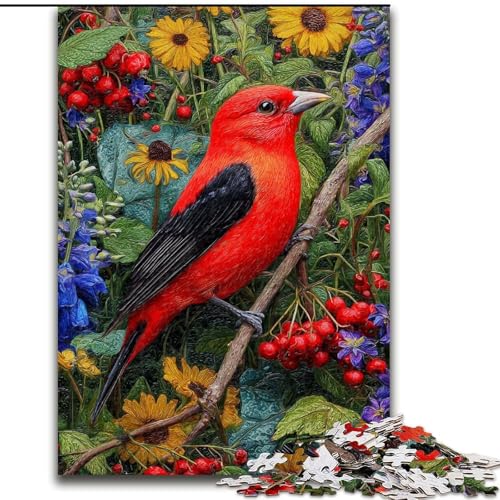 Puzzle für Erwachsene und Jugendliche, Puzzle Roter Vogel und Blumen, Spielzeug, Lernspiele, stressabbauende Wanddekoration (Größe 50x75cm) von MrChunlong